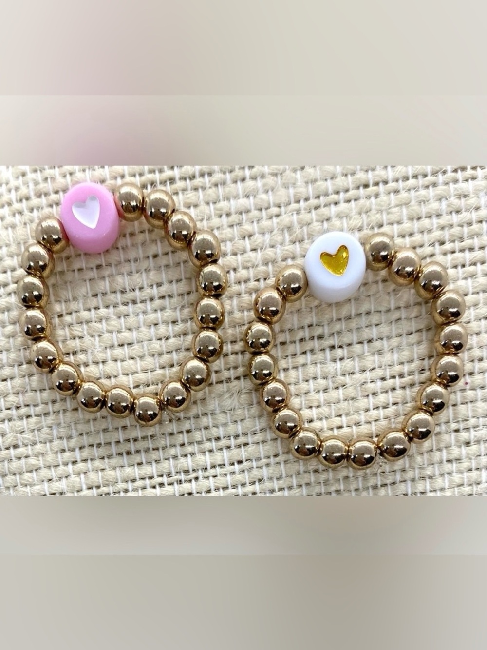 Pink White Heart Gold Beaded Rings Boho Y2K Preppy Feminine Cottagecore Summer - Picture 1 of 10
